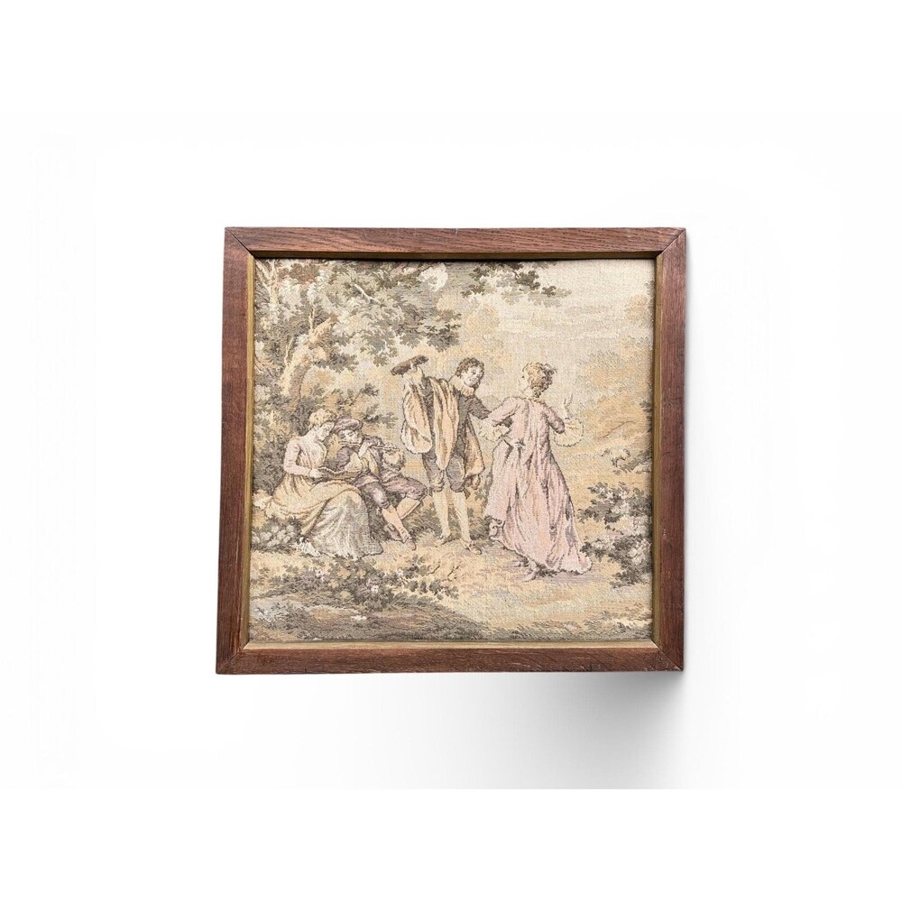 Vintage Framed Rococo Garden Tapestry - Mid Century French Decor - 20x21